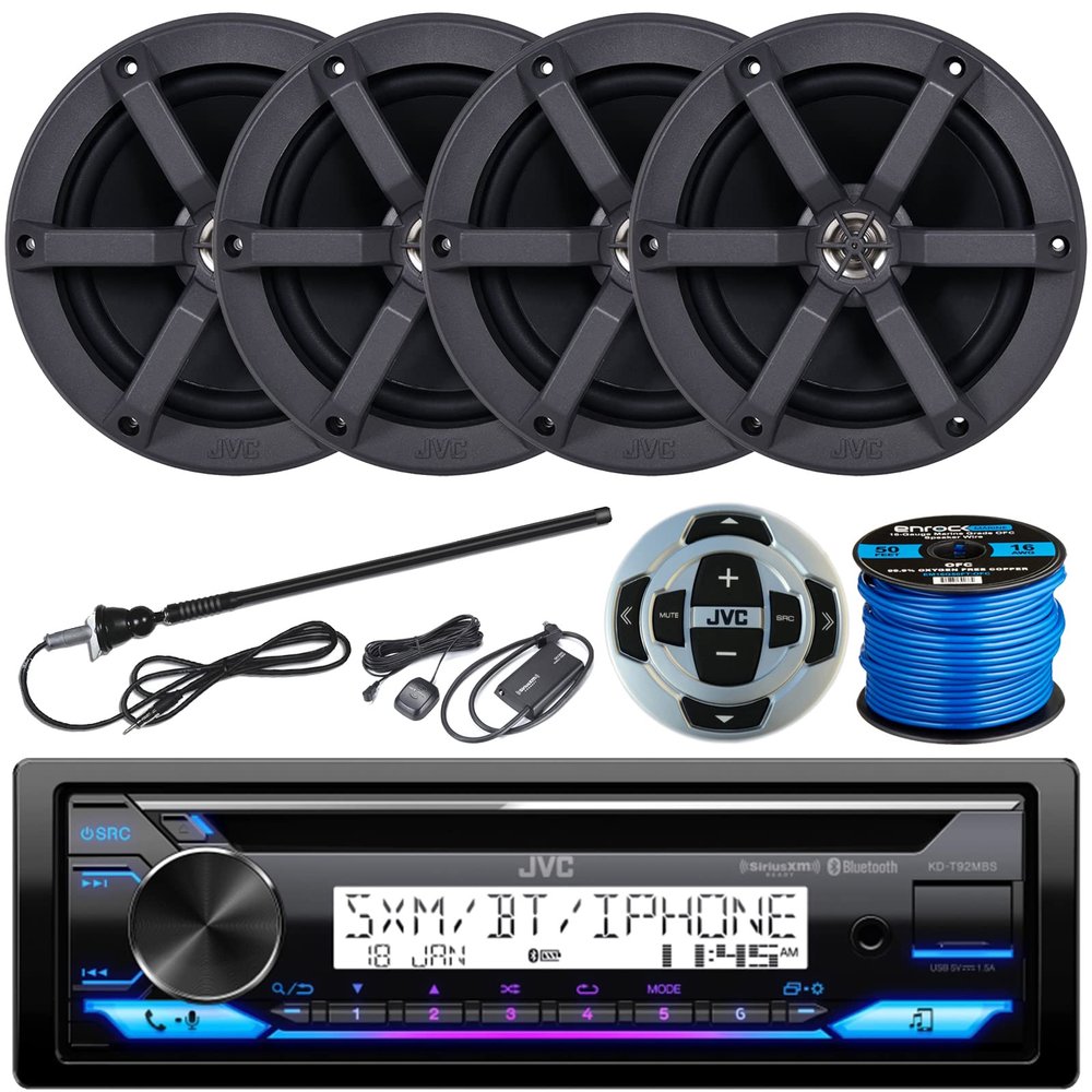 JVC KDT in-Dash Marine Bluetooth USB AUX AM/FM Radio CD Player Receiver, 2 Pairs of 6.5" 100W 2-Way Coaxial Black Audio Speakers, Satellite Radio Tuner, Antenna, Speaker Wire, RMRK62M Wired Remote