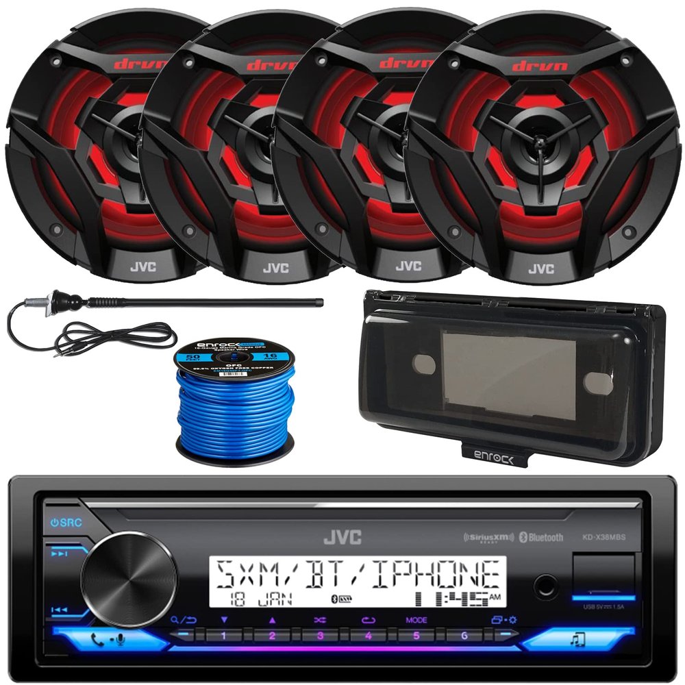JVC in-Dash Marine Bluetooth USB AUX AM/FM Radio Digital Media Receiver Bundle Combo with 2 Pairs of 6.5" 260W Max 2-Way Black Speakers with Multicolor LEDs, Radio Cover, Antenna, Speaker Wire