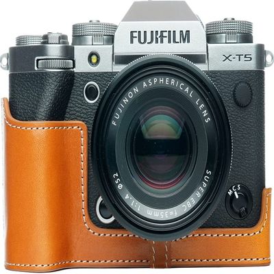 X-T5 Camera Case, BolinUS Handmade Genuine Real Leather Half Camera Case Bag Cover for Fujifilm Fuji X-T5 XT5 Camera Bottom Opening Version + Hand Strap (Yellow)