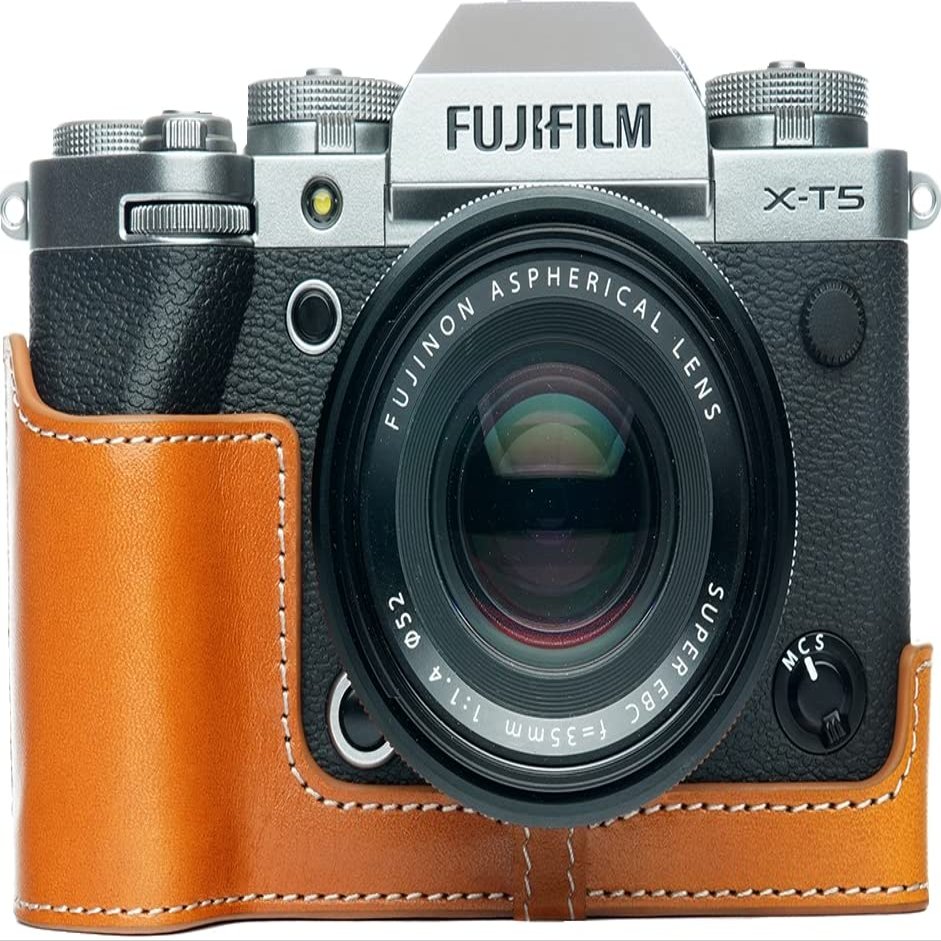 X-T5 Camera Case, BolinUS Handmade Genuine Real Leather Half Camera Case Bag Cover for Fujifilm Fuji X-T5 XT5 Camera Bottom Opening Version + Hand Strap (Yellow)