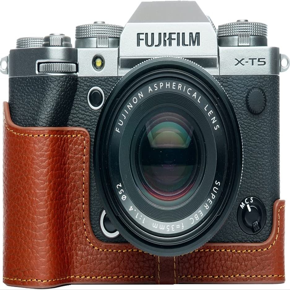 X-T5 Camera Case, BolinUS Handmade Genuine Real Leather Half Camera Case Bag Cover for Fujifilm Fuji X-T5 XT5 Camera Bottom Opening Version + Hand Strap (Brown)