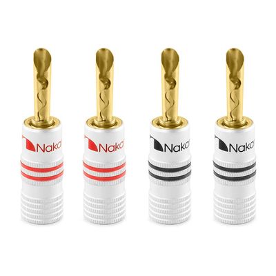 Nakamichi Excel Series 24k Gold Plated Banana Plug 12 AWG - 18 AWG Gauge Size 4mm Speakers Amplifier Hi-Fi AV Stereo Home Theatre Audio Wire Cable Screw Connector 4 Pcs (2-Pairs), BFA Banana Plug