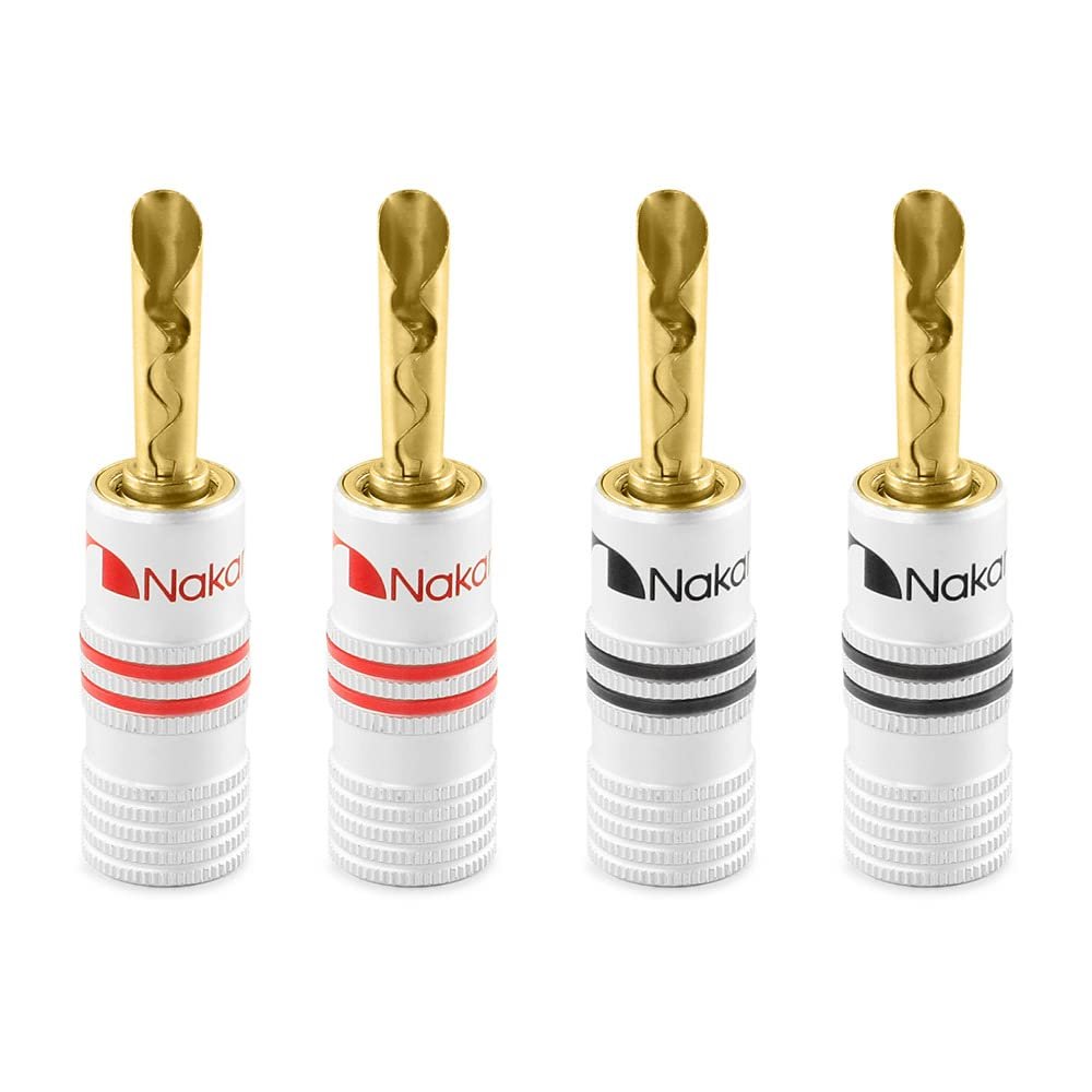 Nakamichi Excel Series 24k Gold Plated Banana Plug 12 AWG - 18 AWG Gauge Size 4mm Speakers Amplifier Hi-Fi AV Stereo Home Theatre Audio Wire Cable Screw Connector 4 Pcs (2-Pairs), BFA Banana Plug