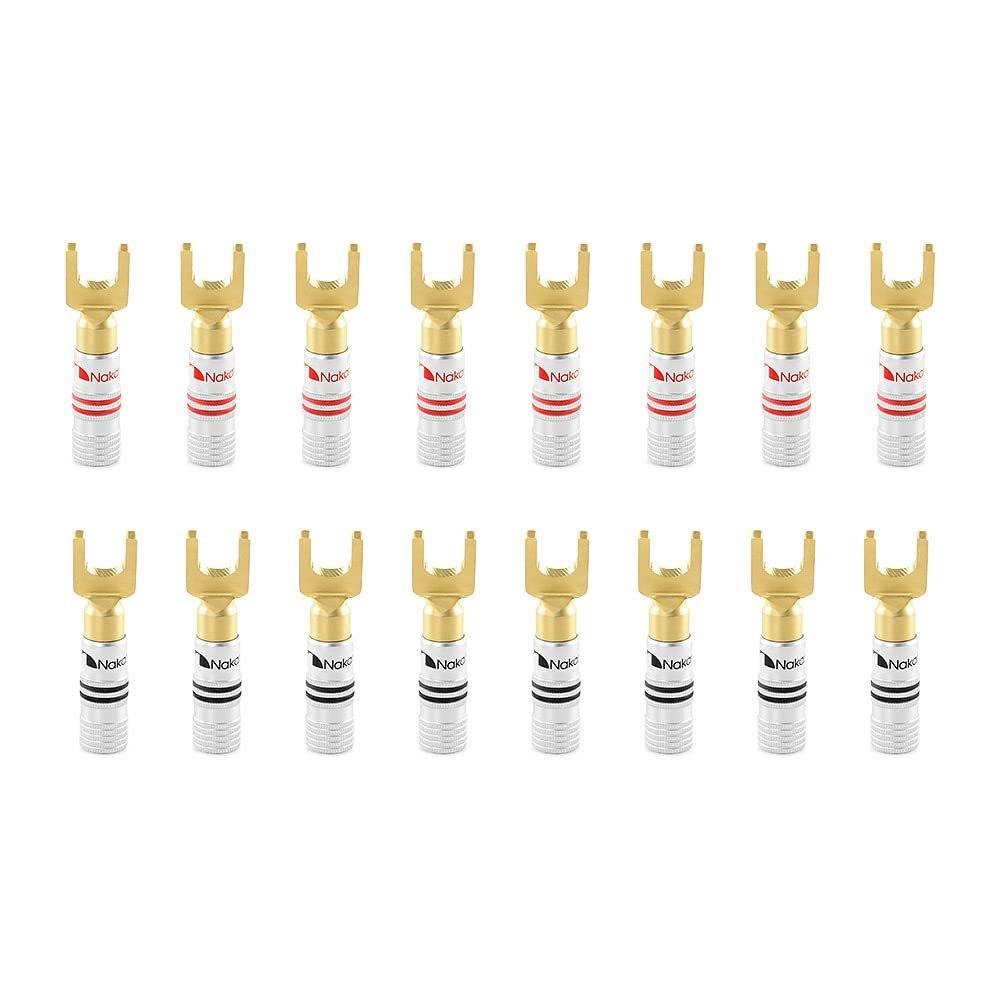 Nakamichi Excel Series 24k Gold Plated Spade Y Banana Plug 12-18 AWG Gauge Size 4mm for Speakers Amplifier Hi-Fi AV Stereo Home Theatre Audio Wire Cable Screw Connector, 16 Pcs (8-Pairs)