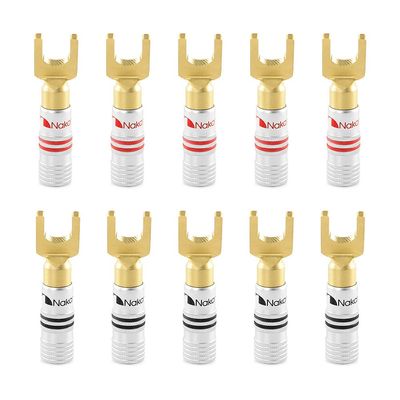 Nakamichi Excel Series 24k Gold Plated Spade Y Banana Plug 12-18 AWG Gauge Size 4mm for Speakers Amplifier Hi-Fi AV Stereo Home Theatre Audio Wire Cable Screw Connector, 10 Pcs (5-Pairs)