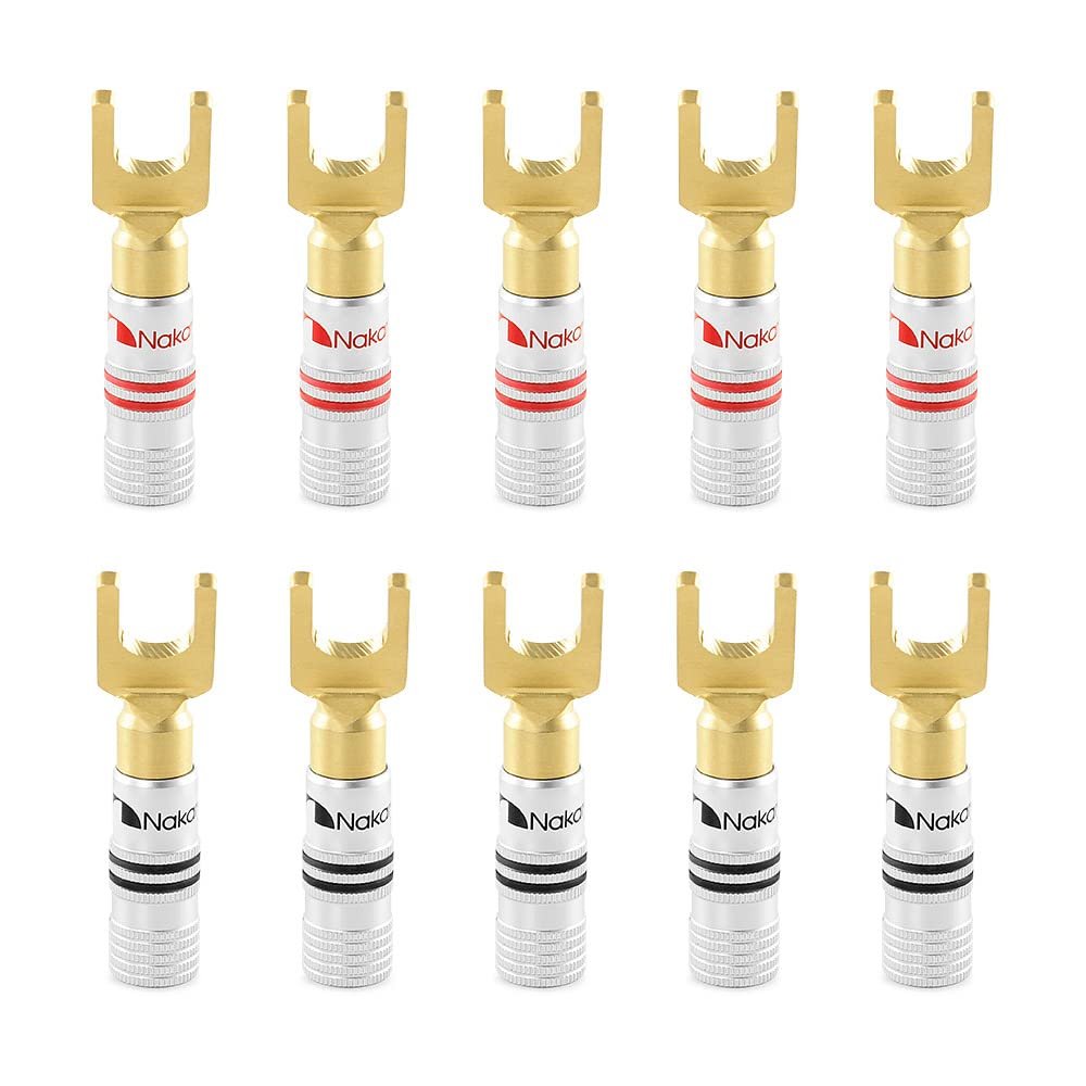 Nakamichi Excel Series 24k Gold Plated Spade Y Banana Plug 12-18 AWG Gauge Size 4mm for Speakers Amplifier Hi-Fi AV Stereo Home Theatre Audio Wire Cable Screw Connector, 10 Pcs (5-Pairs)