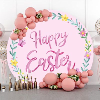 YongFoto 7.5x7.5ft Pink Happy Easter Round Backdrop Cover Watercolor Green Leaves Floral Garland Circle Photography Background Baby Shower Christening Ceremony Kids Portrait Photo Studio Props
