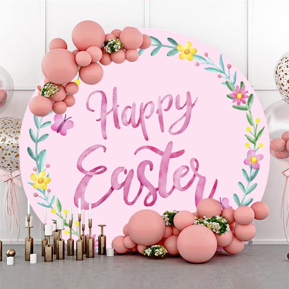 YongFoto 7.5x7.5ft Pink Happy Easter Round Backdrop Cover Watercolor Green Leaves Floral Garland Circle Photography Background Baby Shower Christening Ceremony Kids Portrait Photo Studio Props
