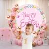 YongFoto 7.5x7.5ft Pink Happy Easter Round Backdrop Cover Watercolor Green Leaves Floral Garland Circle Photography Background Baby Shower Christening Ceremony Kids Portrait Photo Studio Props view 3