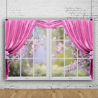 12x8ft Spring Window Scenery Photography Backdrop Pink Curtain Nature Scene Spring Backdrops Natural Pink Floral Party Banner Wall Decor Newborn Baby Kids Family Photo Shoot Booth Props