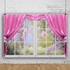 12x8ft Spring Window Scenery Photography Backdrop Pink Curtain Nature Scene Spring Backdrops Natural Pink Floral Party Banner Wall Decor Newborn Baby Kids Family Photo Shoot Booth Props view 1