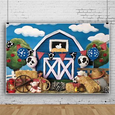 15x10ft Cartoon Blue Farm Animals Photography Backdrop Blue Theme Barn Barnyard Baby Shower Happy Birthday Supplies Decoration Photoshoot Photo Studio Favor Banner Background