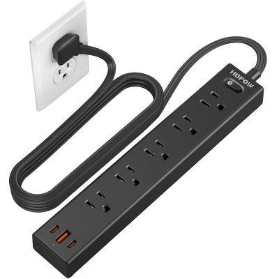 HOPOW Flat Plug Power Strip, 6 Ft Ultra Thin Extension Cord, Surge Protector with 5 Outlets & 3 USB Ports (2 USB C), 1700 Joules, Wall Mount, Desktop Charging Station for Home Office Dorm, Black