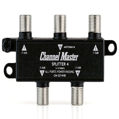 Channel Master Splitter 4 | 4-Way Splitter Distributes Digital HDTV Antenna Signal to 4 TVs, One Input and Four Outputs, Power Passing for Preamplifiers and Boosters, Low-Loss Design, Indoor/Outdoor