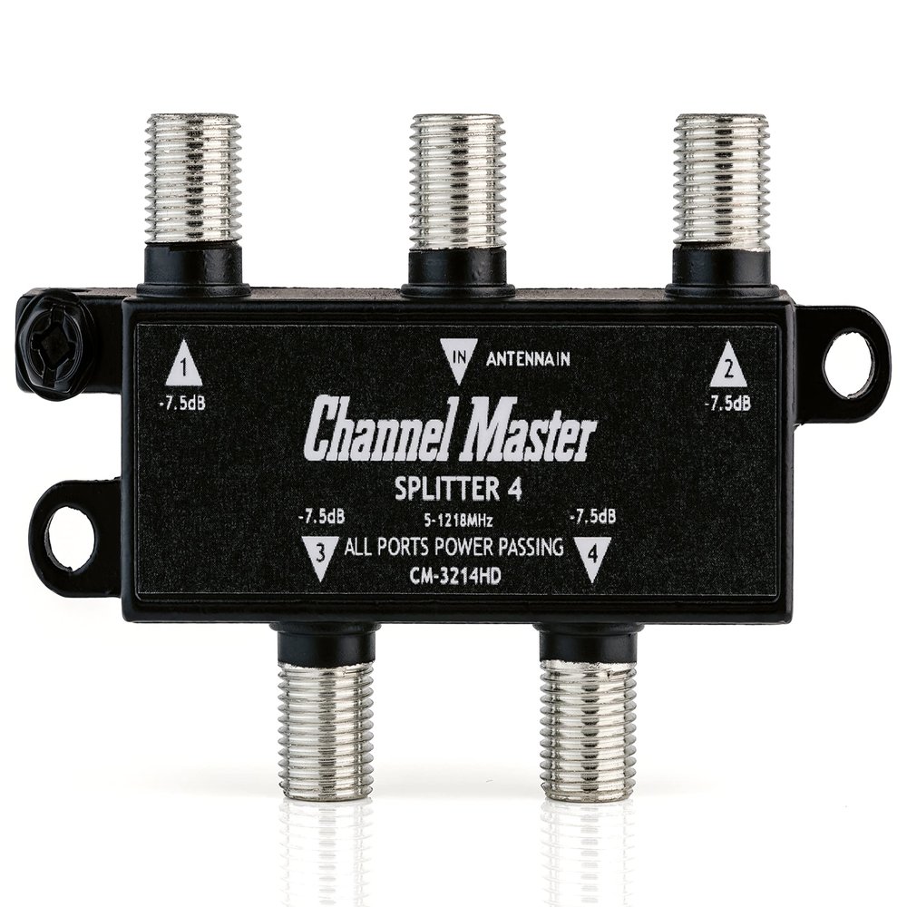 Channel Master Splitter 4 | 4-Way Splitter Distributes Digital HDTV Antenna Signal to 4 TVs, One Input and Four Outputs, Power Passing for Preamplifiers and Boosters, Low-Loss Design, Indoor/Outdoor