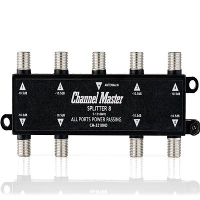 Channel Master Splitter 8 | 8-Way Splitter Distributes Digital HDTV Antenna Signal to 8 TVs, One Input and Eight Outputs, Power Passing for Preamplifiers and Boosters, Low-Loss Design, Indoor/Outdoor
