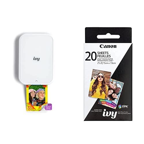 Canon IVY 2 Mini Photo Printer, Print from Compatible iOS & Android Devices, Sticky-Back Prints, Pure White + ZINK Photo Paper 20 Sheets Pack