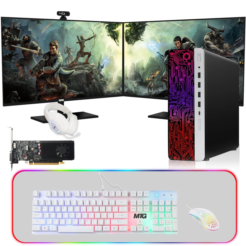 HP G3 Computer Desktop PC, Intel Core i7 6th Gen, GT 1030 Graphics, 16GB RAM, 240GB SSD | 128GB SSD, Gaming Kit, Webcam, New Dual MTG 24 inch Monitor Windows 11 (Renewed)