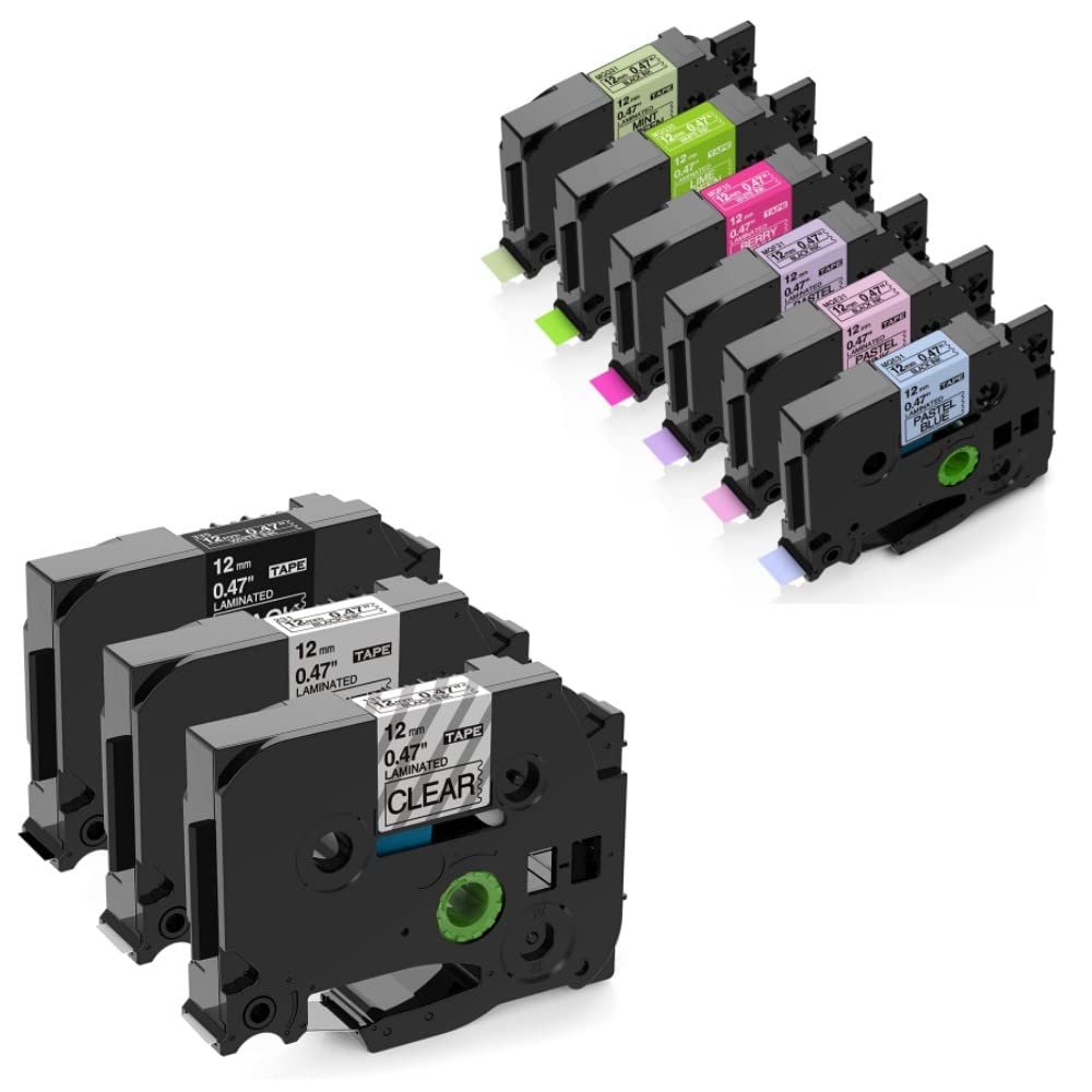 9 Pack, Compatible Brother TZE-MQ531/MQE31/MQF31/MQP35/MQG35/MQG3/Tze131/Tze231/Tze335 12mm 0.47 inch, Black on White/Purple/Blue/Pink/Mint Green/Berry Pink/Lime Green/Clear/White&White on Black