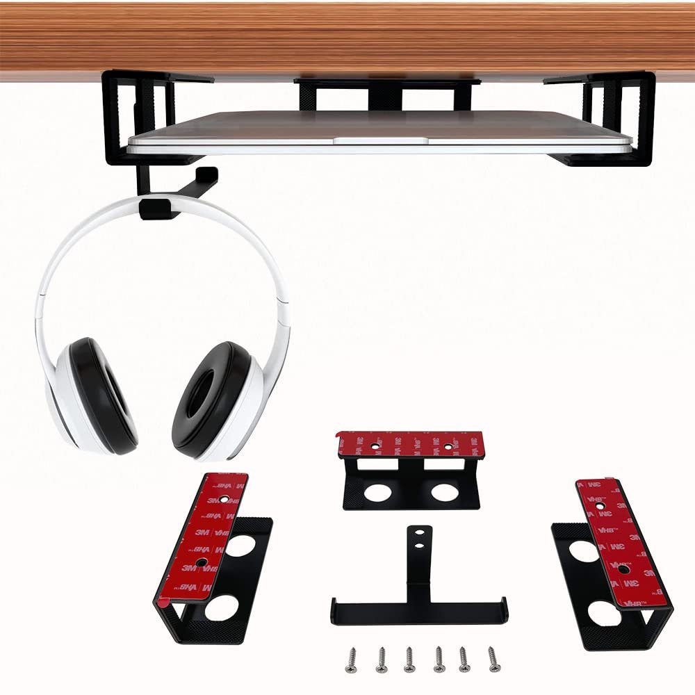 IFCASE Under Desk Laptop Mount & Headphone Holder with Adhesive & Screw, Hard Aluminum Under Table Desk Holder for Laptop, Mac mini, MacBook Pro (Black)