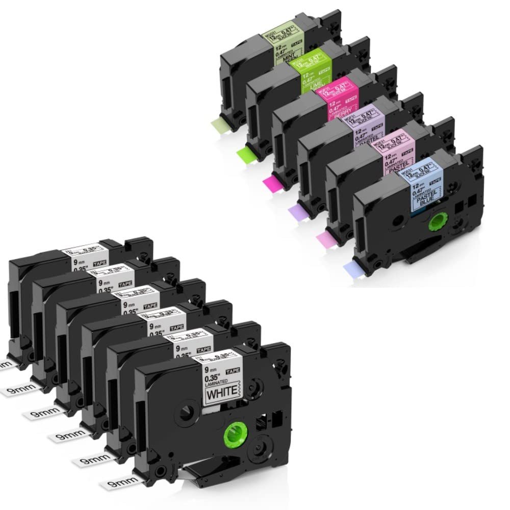 12 Pack, Compatible Brother TZE-MQ531/MQE31/MQF31/MQP35/MQG35/MQG31 12mm 0.47 inch, Black on White/Purple/Blue/Pink/Mint Green/Berry Pink/Lime Green and TZE-221 0.35" 26.2ft 9mm Black on White