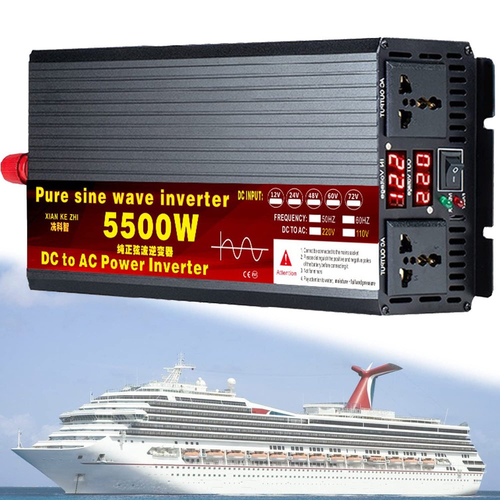 1000W/1600W/2200W/3000W/3500W/4000W/5000W/5500W/6000W/8000W/12000W Pure Sine Wave Power Inverter 12V/24V/48V/60V/72V dc to ac 110V/230V with 2 Socket, LCD Display, for Car RV,Yacht,5500W-60Vto110V