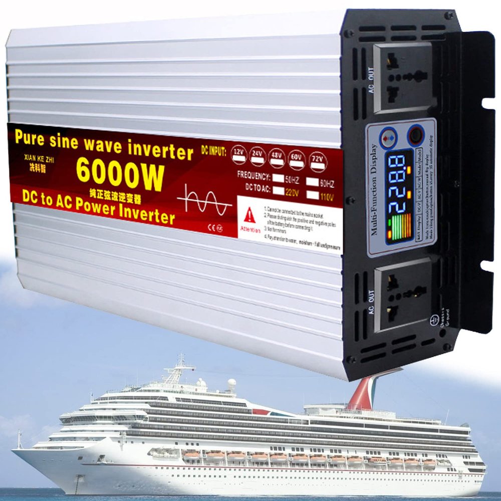 1000W/1600W/2200W/3000W/3500W/4000W/5000W/5500W/6000W/8000W/12000W Pure Sine Wave Power Inverter 12V/24V/48V/60V/72V dc to ac 110V/230V with 2 Socket, LCD Display, for Car RV,Yacht,6000W-60Vto220V