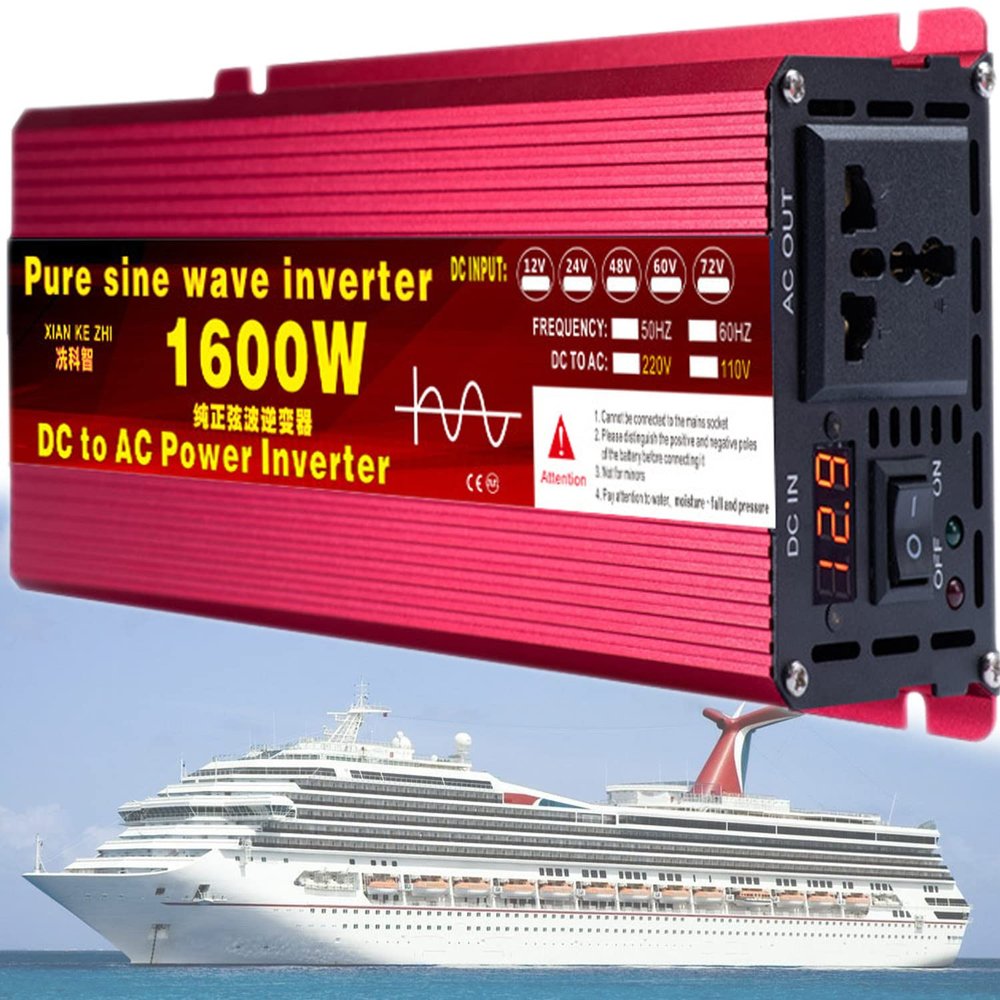 1000W/1600W/2200W/3000W/3500W/4000W/5000W/5500W/6000W/8000W/12000W Pure Sine Wave Power Inverter 12V/24V/48V/60V/72V dc to ac 110V/230V with 2 Socket, LCD Display, for Car RV,Yacht,1600W-60Vto110V