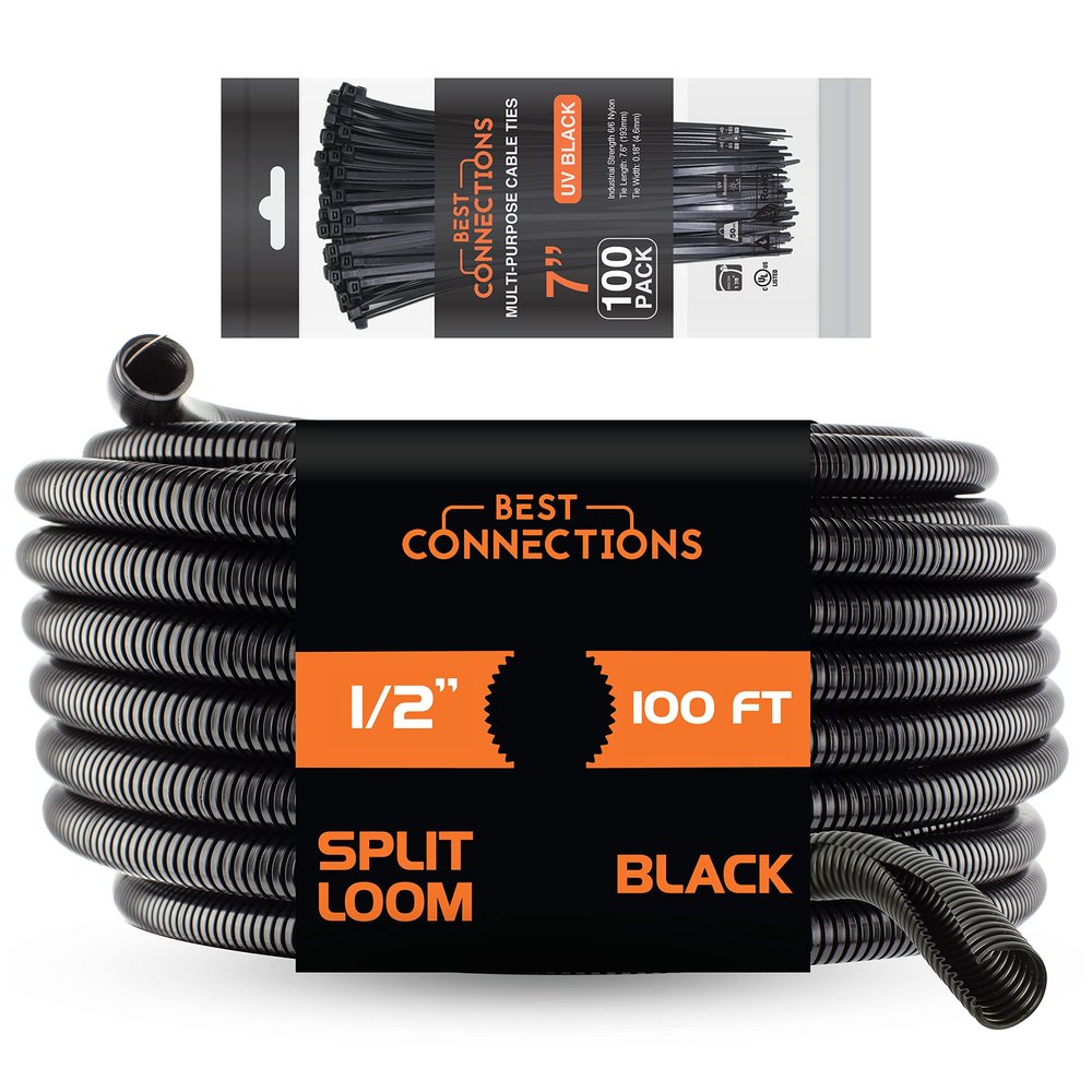 BEST CONNECTIONS 100 Ft 1/2" Diameter Split Wire Loom Flex-Guard Convoluted Tubing with 100 Pcs 7" Nylon Cable Zip Ties Protective Split Cable Sleeves for Automotive Home Electrical Wires Black