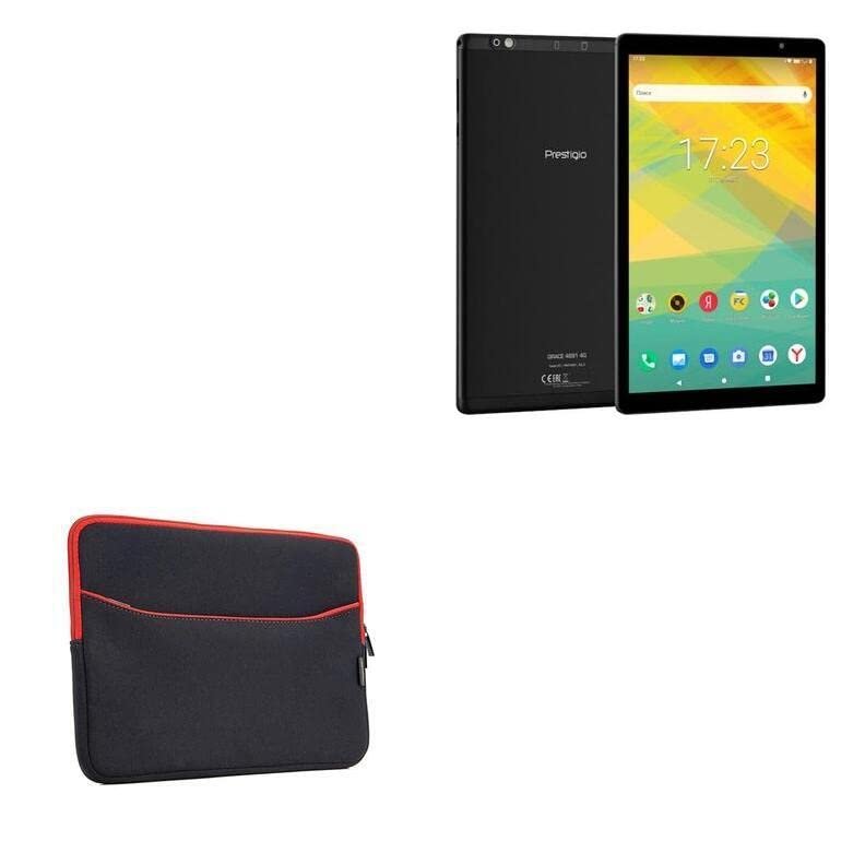 BoxWave Case Compatible with Prestigio Grace 4891 - SoftSuit with Pocket, Soft Pouch Neoprene Cover Sleeve Zipper Pocket - Jet Black with Red Trim