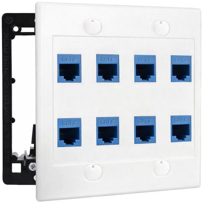 DIYTECH 8 Port Ethernet Wall Plate, Cat 6, Double Gang, RJ45 Female to Female Keystone Jacks - White