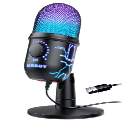 MRSDY Gaming Microphone, USB Computer Microphone for PC, Mac, PS4/5, Condenser Podcast Mic for Studio Recording, YouTube, Streaming, with Headphone Jack, Led Light, Mute, Gain, Noise Cancellation
