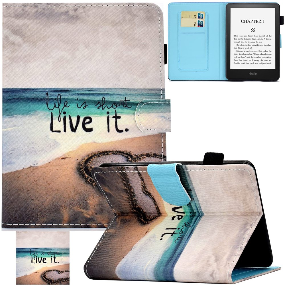Artyond Case for Kindle Paperwhite 2021,PU Leather Folio with Auto Wake/Sleep Card Slots Case for 6.8" Kindle Paperwhite 11th Generation 2021 and Kindle Paperwhite Signature Edition, Beach Love