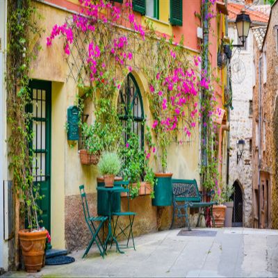 Loccor Fabric 5x3ft European Building Italian Street Backdrop Medieval Village Flower Stree Stone Wall Buildings Background Alley Scenery Photoshoot Studio Props Italian Theme Party Supplies