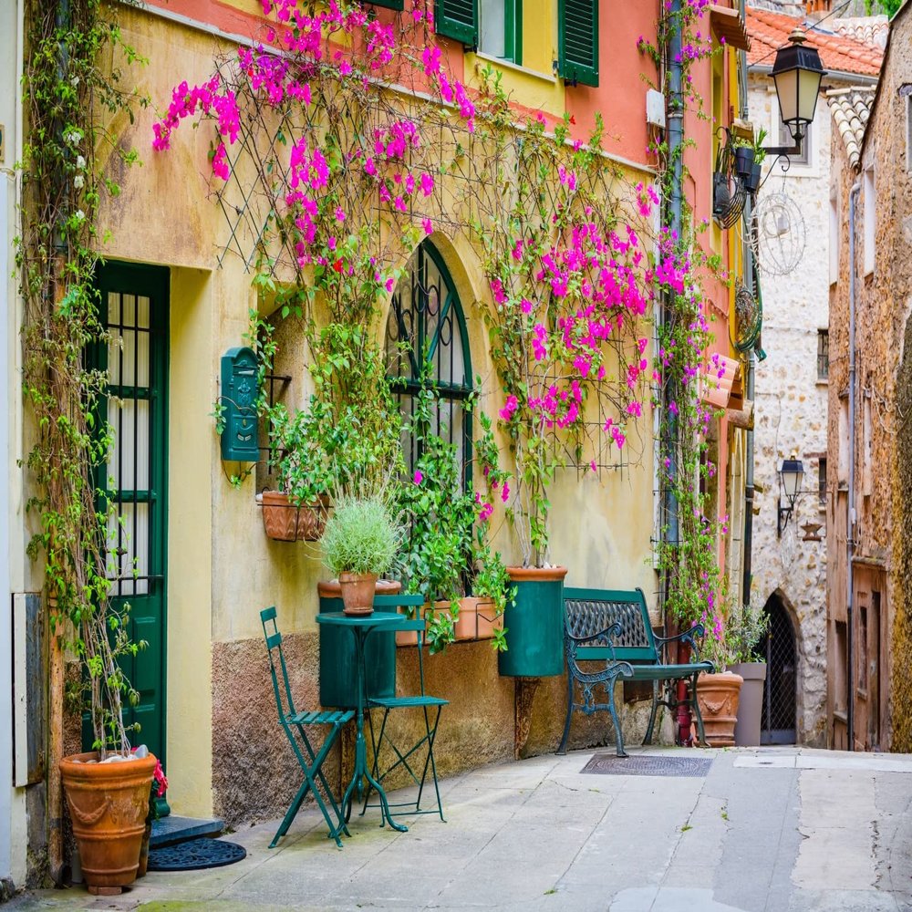 Loccor Fabric 5x3ft European Building Italian Street Backdrop Medieval Village Flower Stree Stone Wall Buildings Background Alley Scenery Photoshoot Studio Props Italian Theme Party Supplies