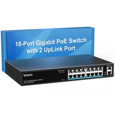 16 Port Gigabit PoE Switch with 2 Uplink Gigabit Ports, VIMIN 18 Port Unmanaged Ethernet PoE Switch with 250W Power, Support IEEE802.3af/at, VLAN, Metal Housing, 19 inch Rack-Mount, Plug & Play