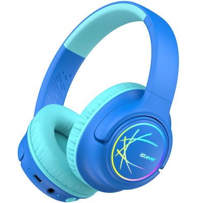 iClever Kids Bluetooth Headphones with LED Lights, 43H Playtime, Type-C Fast Charging, BTH18 Safe Volume 74/85dBA, Bluetooth5.3,Toddler Headphones Aux Cord for iPad/Tablet/Travel/School, Blue