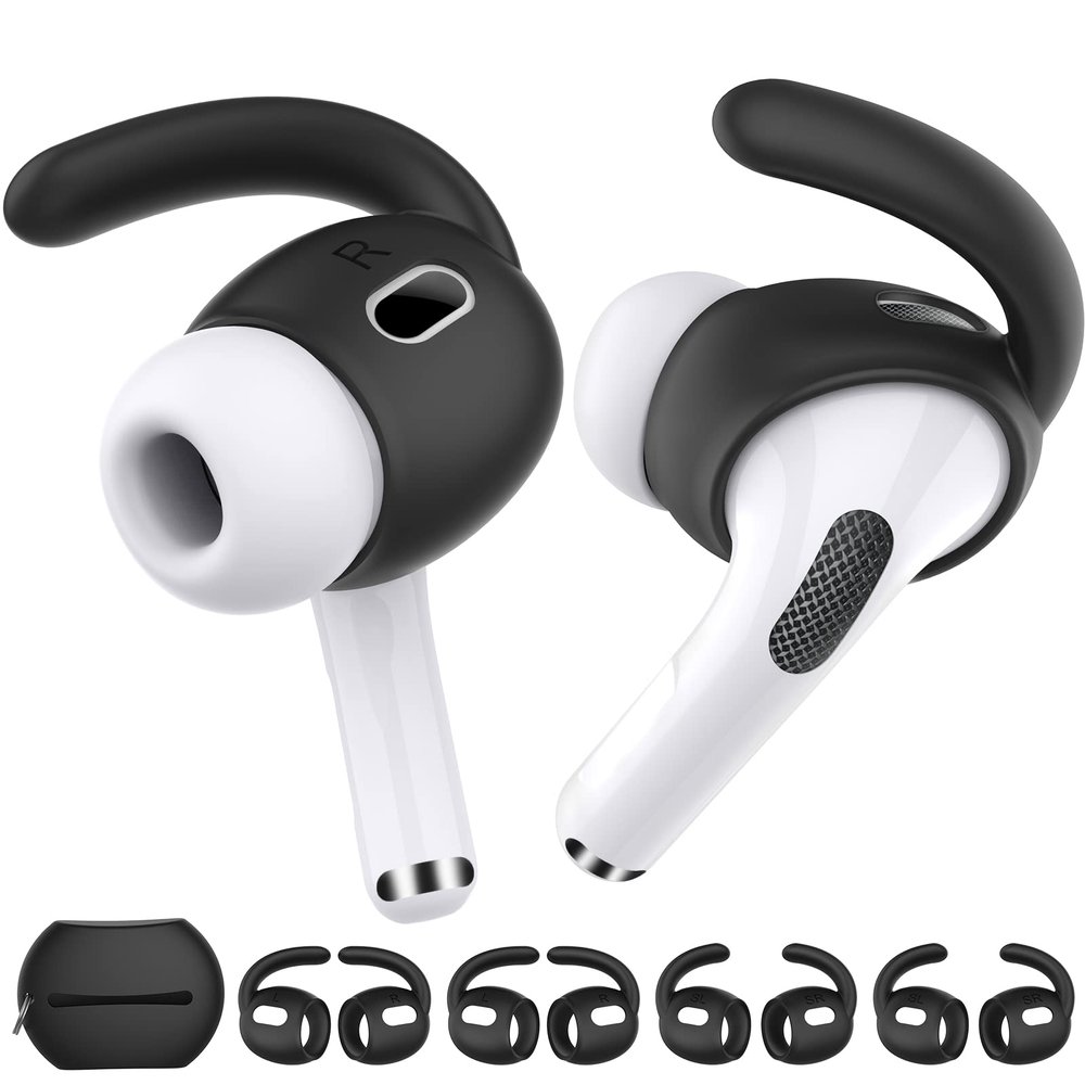 AhaStyle 4 Pairs AirPods Pro 2 Ear HooksAdded Storage Pouch Anti-Slip Ear Covers Silicone Accessories Compatible with Apple AirPods Pro 2nd Generation (2 Large+2 Small, Black)