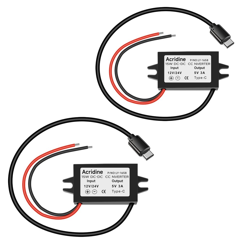 2-Pack DC 12V/24V to 5V USB C Buck Converter 3A 15W Type-C Output Charging Module Waterproof Buck Power Adapter Compatible with Raspberry Pi 4, Mobile