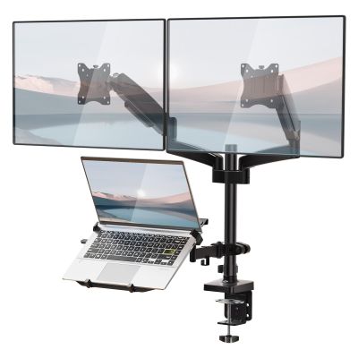 WALI Laptop Mount and Dual Monitor for Max 32" Monitor and 17" Laptop, Adjustable Spring Arm with Tilt, Swivel and Rotation, Dual Monitor and Notebook Stand with VESA 75/100mm(GSDM003LP), Black