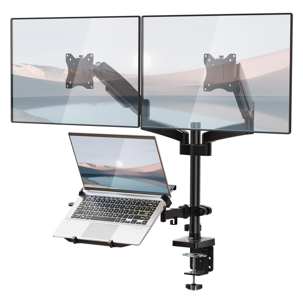 WALI Laptop Mount and Dual Monitor for Max 32" Monitor and 17" Laptop, Adjustable Spring Arm with Tilt, Swivel and Rotation, Dual Monitor and Notebook Stand with VESA 75/100mm(GSDM003LP), Black