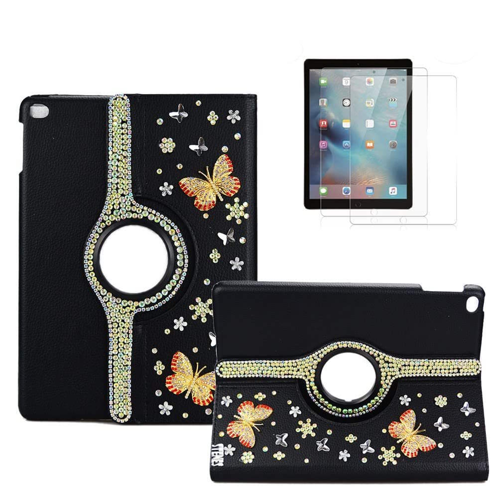 STENES Bling Case Compatible with Samsung Galaxy Tab A7 10.4 (2022) - Stylish - 3D Handmade Crystal Butterfly 360 Degree Rotating Stand Case with Smart Cover Auto Sleep/Wake- Black