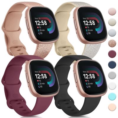 4 PACK Bands Compatible with Fitbit Sense 2/Sense/Fitbit Versa 4/Versa 3, Soft Silicone Straps for Fitbit Sense 2/Sense/Versa 4/3 Smart Watch (Small,Glistening RoseGold/GlisteningGold/WineRed/Black)