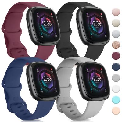 4 PACK Bands Compatible with Fitbit Sense 2/ Sense Bands/Fitbit Versa 4/ Versa 3 Bands, Soft Silicone Straps for Fitbit Sense 2/Sense/Versa 4/3 Smart Watch (Small,Navy Blue/Wine Red/Black/Gray)