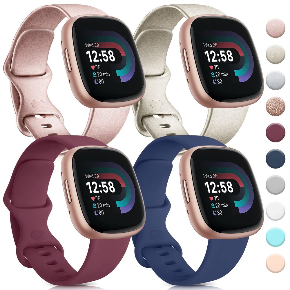 4 Pack Bands Compatible with Fitbit Sense 2/Versa 4/3, Soft Silicone Straps for Fitbit Smart Watch (Large, Rose Gold/Champagne Gold/Wine Red/Navy Blue)