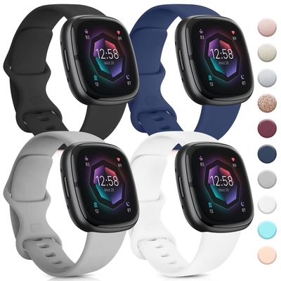 4 PACK Bands Compatible with Fitbit Sense 2/ Sense Bands/Fitbit Versa 4/ Versa 3 Bands, Soft Silicone Straps for Fitbit Sense 2/Sense/Versa 4/Versa 3 Smart Watch (Large,Black/Navy Blue/Gray/White)