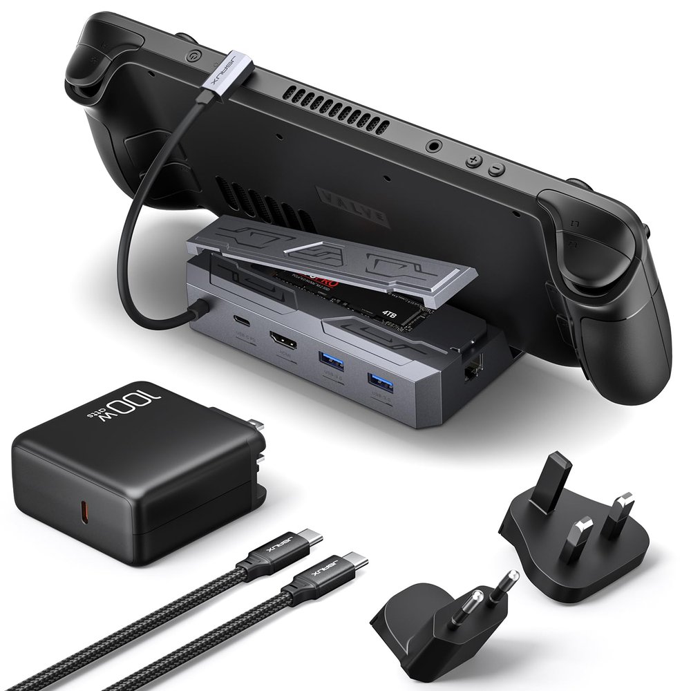 JSAUX Steam Deck Dock with 100W Charger, 6-in-1 M.2 Docking Station for Steam Deck/ROG Ally, 4K@60Hz HDMI, Gigabit Ethernet, PD 100W, 10Gbps USB A&C 3.2, M.2 Slot (Up to 2TB)-HB0604 (SSD Not Included)