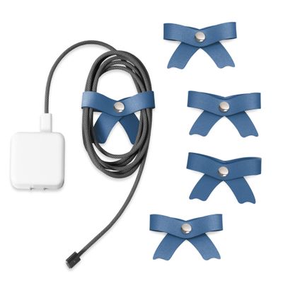 SenseAGE 5 Pack Cord Organizer, Bow Cord Keeper, Cable Organizer USB Holder, Leather Cable Management, Cable Straps, Earphone Winder, Storage Straps for Electronics, Earbuds, Big, Random Blue