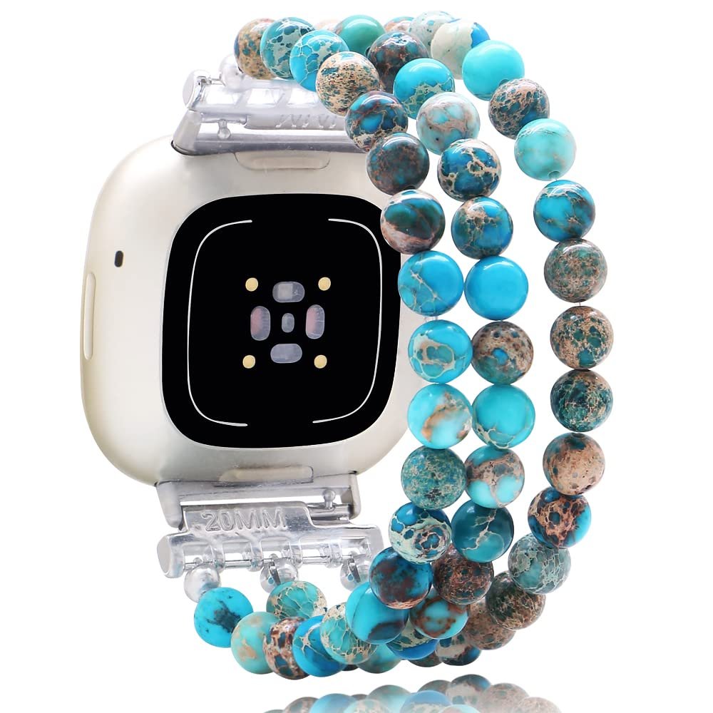 C&L Accessories Bracelet Compatible with Fitbit Versa 3/Fitbit Versa 4/Fitbit Sense 2/Fitbit Sense Bands for Women Men Beaded Gemstone Bands (Blue Light)
