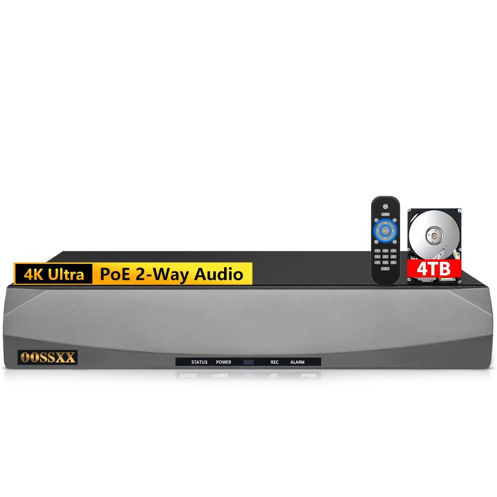 OOSSXX 8.0/4K Megapixel 16-Channel POE NVR Network Video Recorder, Supports up to 16 x 8MP/4K IP Cameras, Max to 8TB Hard Drive (4TB HDD Included)